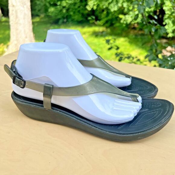 CROCS Sandals Womens 9 Really Sexi Thong Black Strappy Wedge Slip On Waterproof - Picture 1 of 11